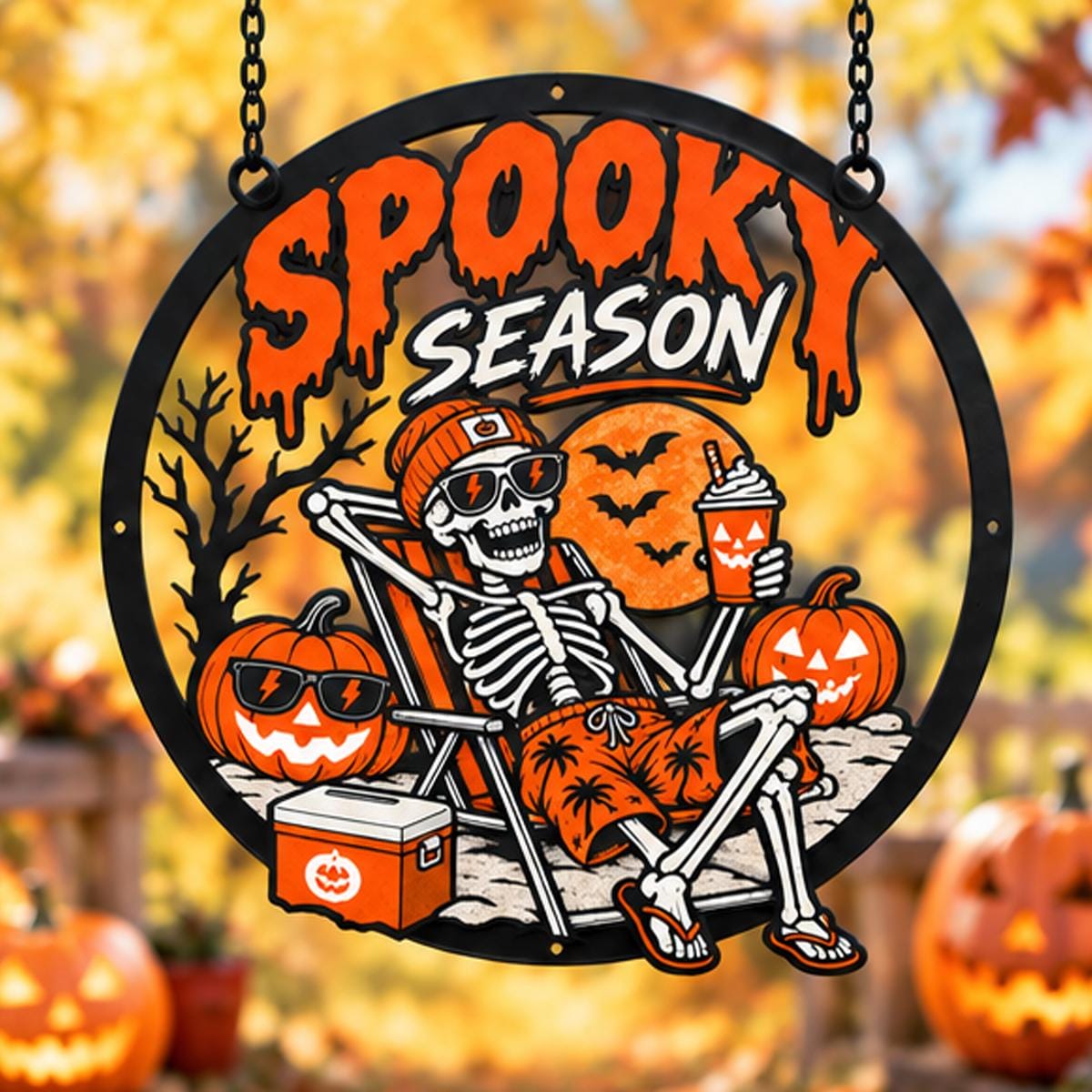 Beach Skeleton Halloween Metal Sign - Spooky Season Metal Wall Art - Skeleton Relaxing Metal Wall Decor - Halloween Party Gift Wreath