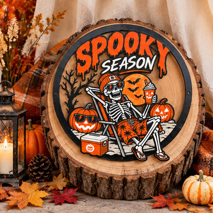 Beach Skeleton Halloween Metal Sign - Spooky Season Metal Wall Art - Skeleton Relaxing Metal Wall Decor - Halloween Party Gift Wreath