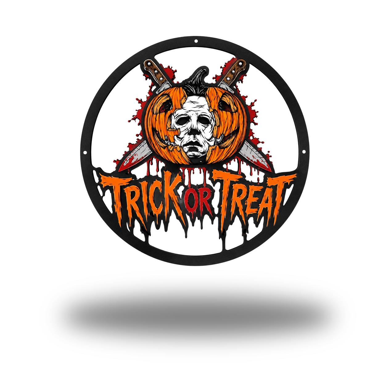 Scary Face Mask Metal Sign - Halloween Entryway Art - Spooky Halloween Trick or Treat Metal Wall Decor - Bloody Kitchen Knives Sign