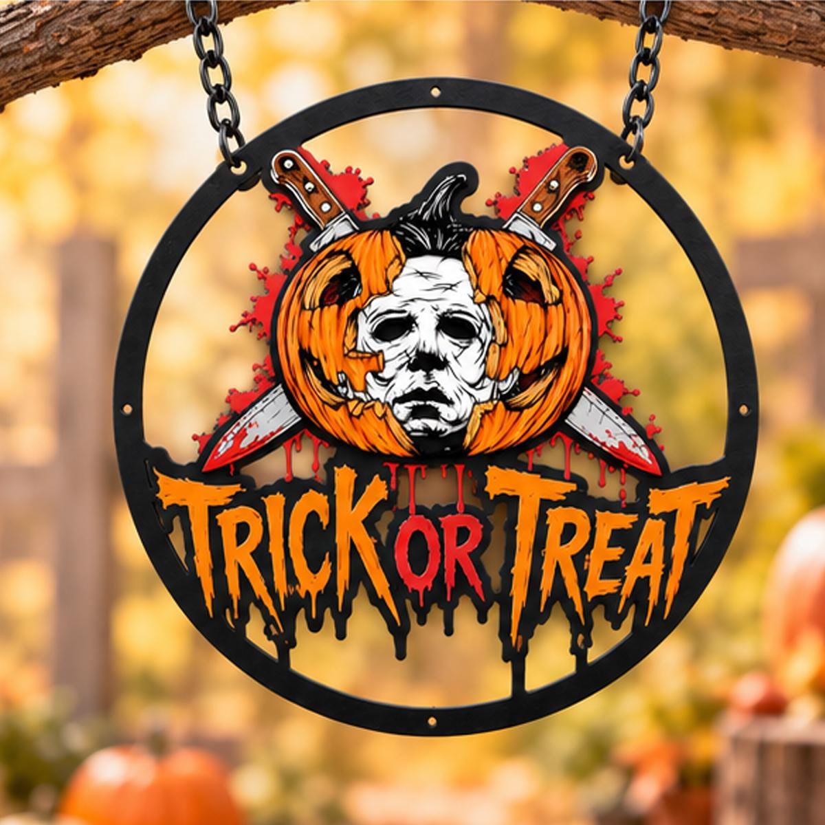 Scary Face Mask Metal Sign - Halloween Entryway Art - Spooky Halloween Trick or Treat Metal Wall Decor - Bloody Kitchen Knives Sign