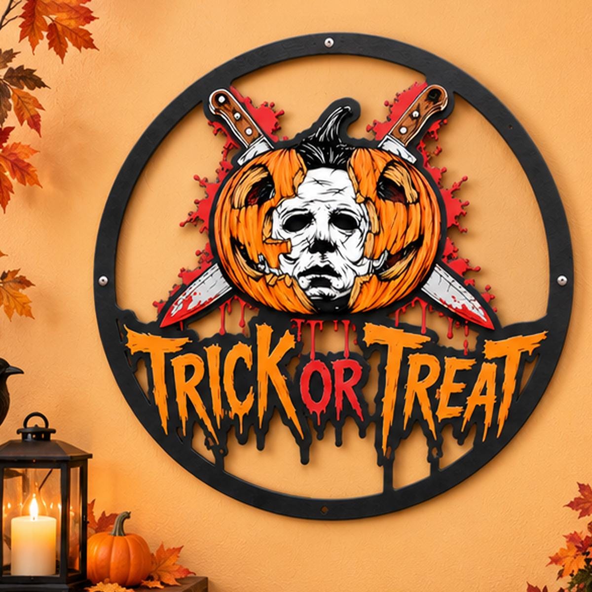 Scary Face Mask Metal Sign - Halloween Entryway Art - Spooky Halloween Trick or Treat Metal Wall Decor - Bloody Kitchen Knives Sign