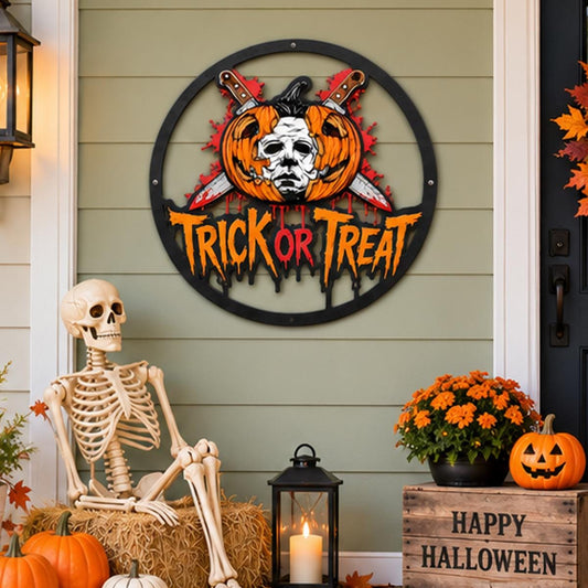 Scary Face Mask Metal Sign - Halloween Entryway Art - Spooky Halloween Trick or Treat Metal Wall Decor - Bloody Kitchen Knives Sign