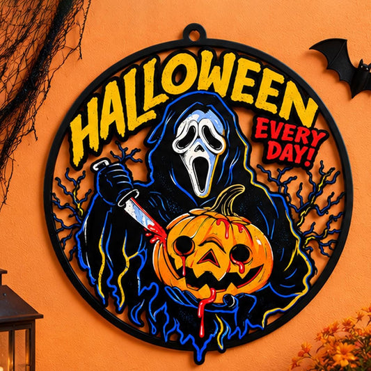 Halloween Every Day Metal Sign - Creepy Ghost Face Sign - Spooky Pumpkin Wreath - Haunted House Porch Decor -Vintage Horror Metal Wall Decor