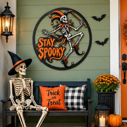 Stay Spooky Skeleton Metal Sign - Spooky Court Clown Porch Decor - Gothic Halloween Metal Art - Fall Gothic Living Room Decor - Gift For Him