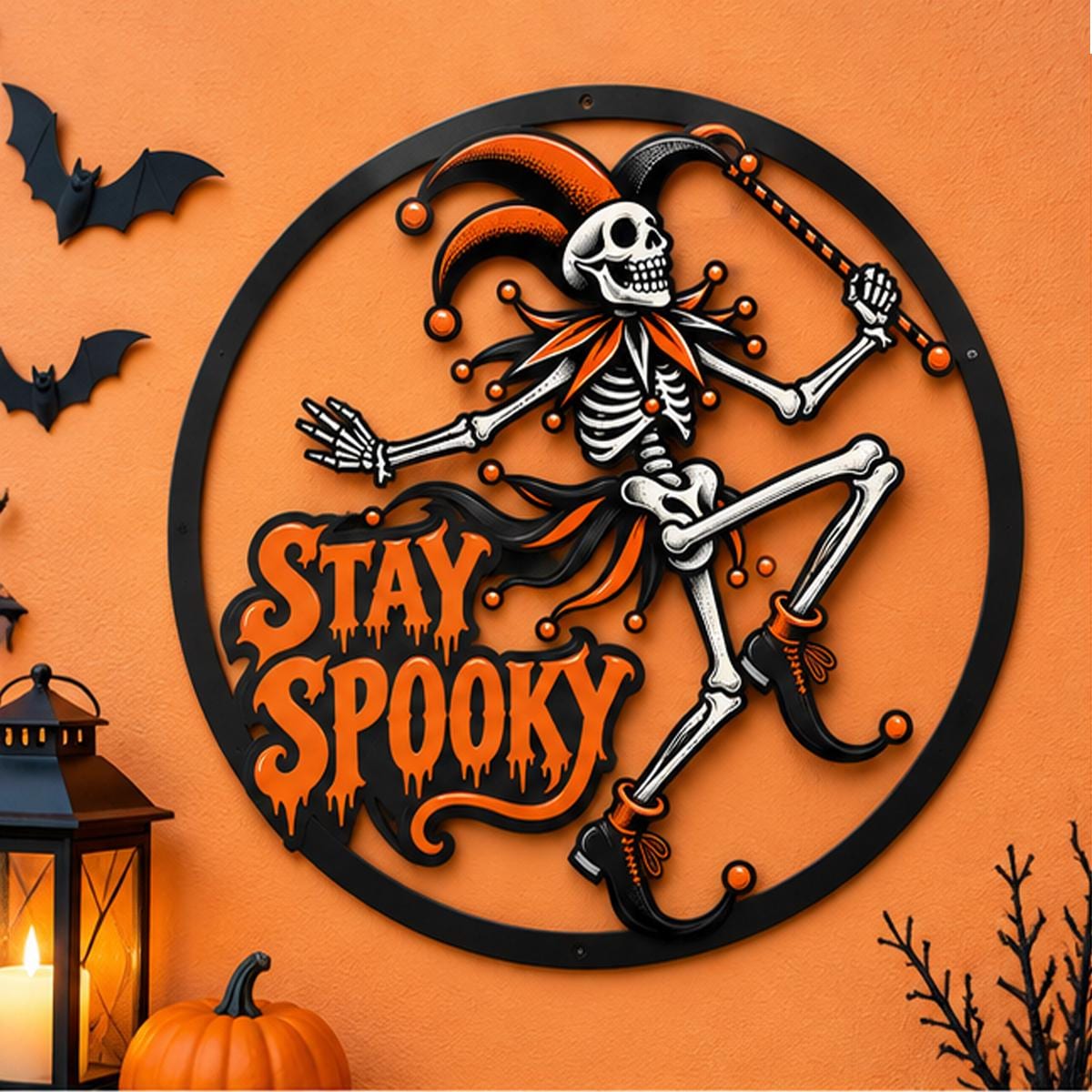 Stay Spooky Skeleton Metal Sign - Spooky Court Clown Porch Decor - Gothic Halloween Metal Art - Fall Gothic Living Room Decor - Gift For Him