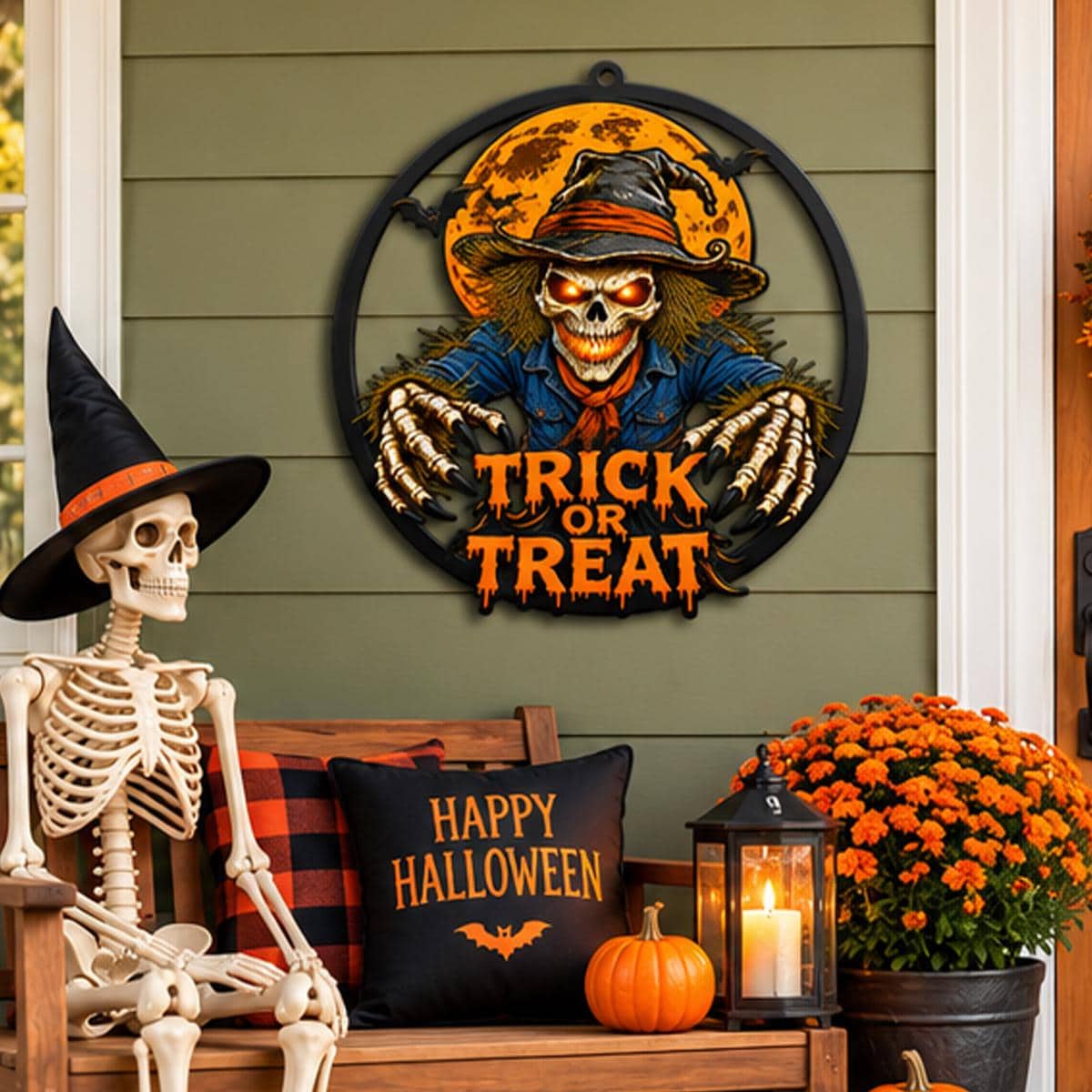 Halloween Scary Scarecrow Metal Sign - Scarecrow Trick or Treat Sign - Spooky Season Metal Wall Art - Halloween Party Gift Wreath