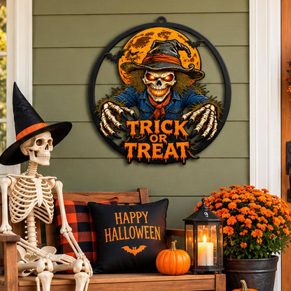 Halloween Scary Scarecrow Metal Sign - Scarecrow Trick or Treat Sign - Spooky Season Metal Wall Art - Halloween Party Gift Wreath