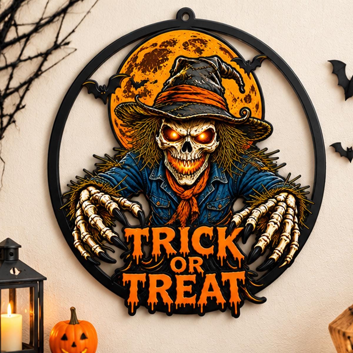 Halloween Scary Scarecrow Metal Sign - Scarecrow Trick or Treat Sign - Spooky Season Metal Wall Art - Halloween Party Gift Wreath