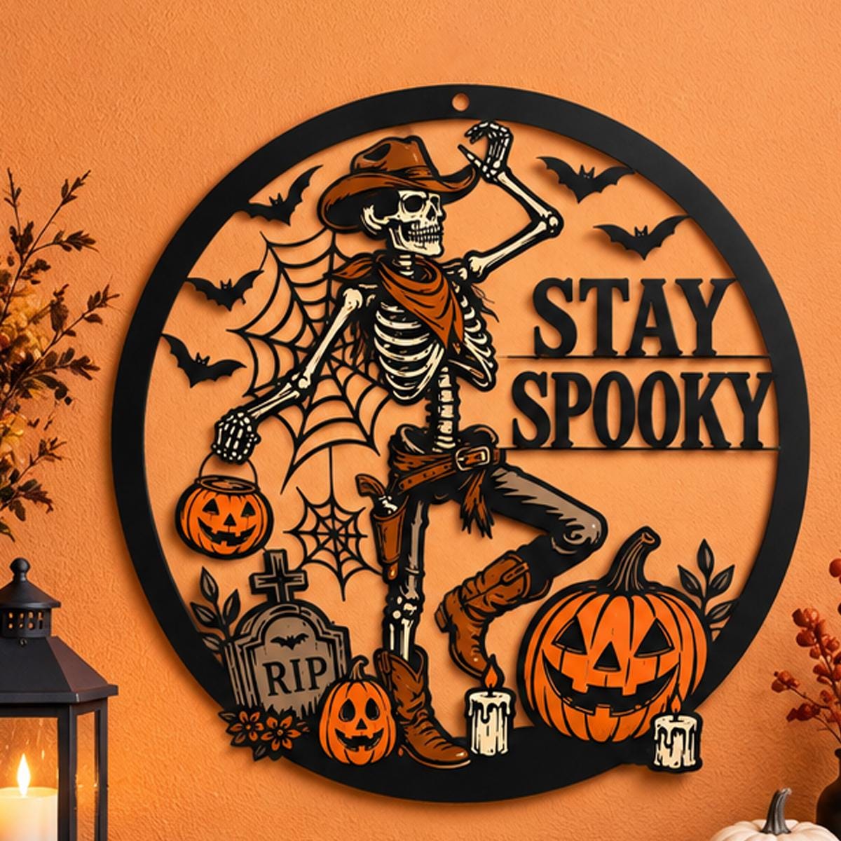 Stay Spooky Cowboy Skeleton Metal Sign - Western Halloween Door Decor -Stay Spooky Hanger Sign -Pumpkin Wall Hanging -Halloween Entryway Art