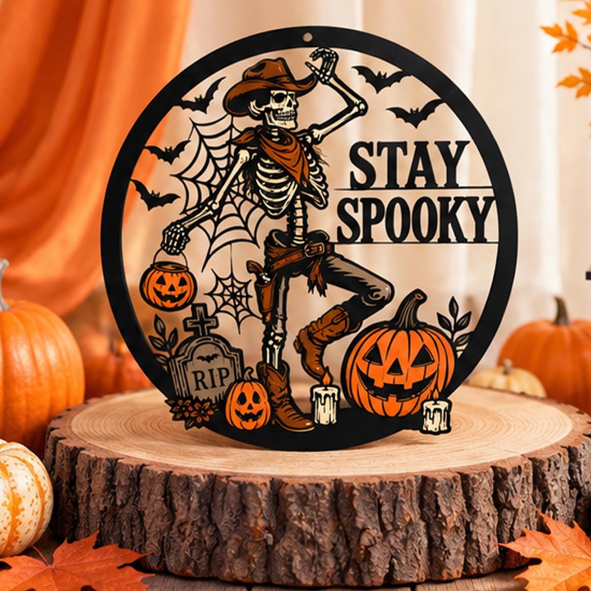 Stay Spooky Cowboy Skeleton Metal Sign - Western Halloween Door Decor -Stay Spooky Hanger Sign -Pumpkin Wall Hanging -Halloween Entryway Art