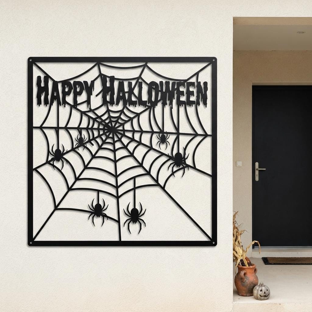 Halloween LED Wall Art, Spider Web Metal Sign, Spooky Spider Wall Decor, Lighted Halloween Sign, Gothic Porch Decoration