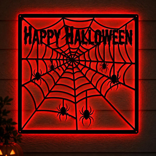 Halloween LED Wall Art, Spider Web Metal Sign, Spooky Spider Wall Decor, Lighted Halloween Sign, Gothic Porch Decoration
