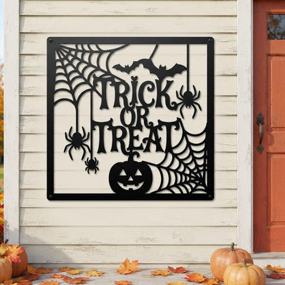 Halloween LED Wall Art, Trick or Treat Metal Sign, Spider Web Decor, Pumpkin and Bat Wall Art, Spooky Halloween Porch Decor
