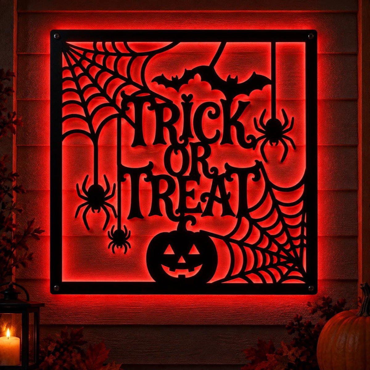 Halloween LED Wall Art, Trick or Treat Metal Sign, Spider Web Decor, Pumpkin and Bat Wall Art, Spooky Halloween Porch Decor