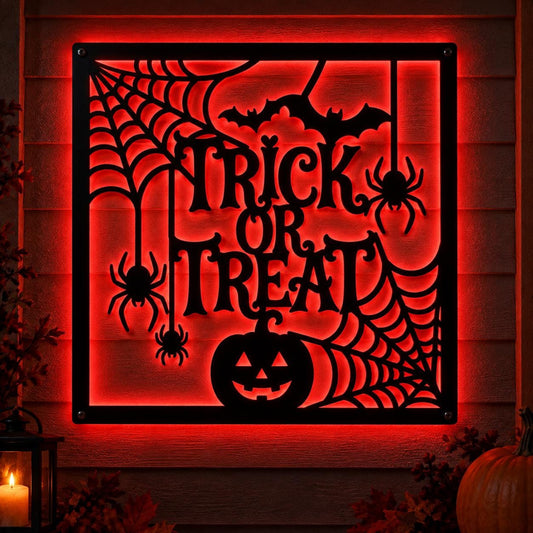 Halloween LED Wall Art, Trick or Treat Metal Sign, Spider Web Decor, Pumpkin and Bat Wall Art, Spooky Halloween Porch Decor