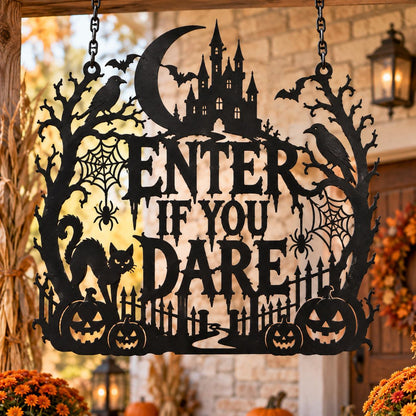 Enter If You Dare Halloween Metal Sign, Haunted Castle Wall Art, Spooky Pumpkin Cat Decor, Gothic Halloween Home Decoration