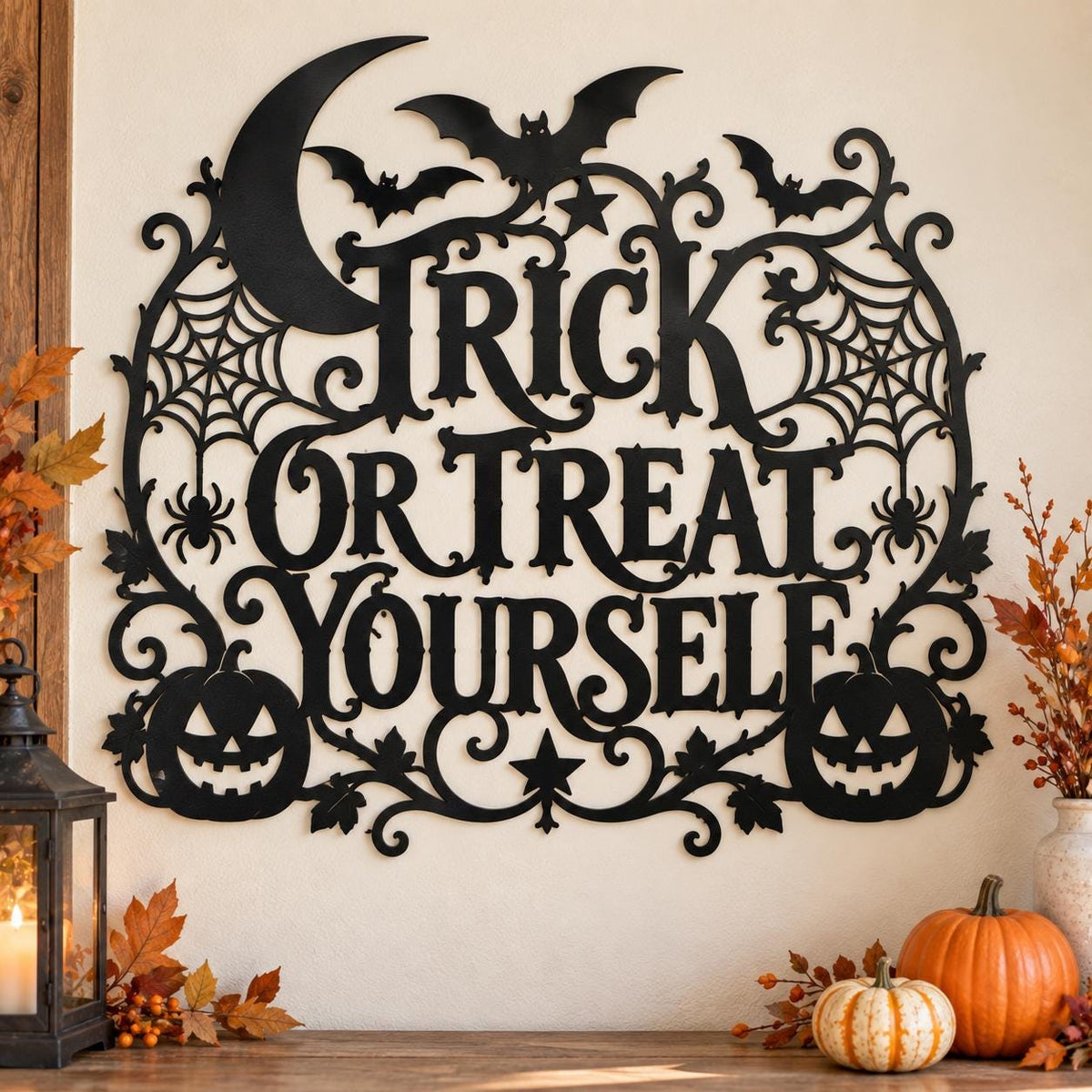 Trick or Treat Metal Wall Art, Halloween Metal Sign, Pumpkin Spider Web Decor, Spooky Front Porch Wall Hanging, Fall Home Decor