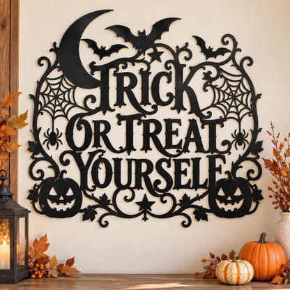 Trick or Treat Metal Wall Art, Halloween Metal Sign, Pumpkin Spider Web Decor, Spooky Front Porch Wall Hanging, Fall Home Decor