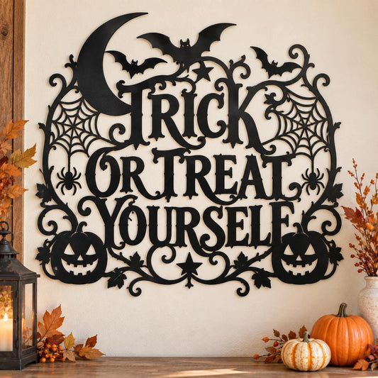 Trick or Treat Metal Wall Art, Halloween Metal Sign, Pumpkin Spider Web Decor, Spooky Front Porch Wall Hanging, Fall Home Decor
