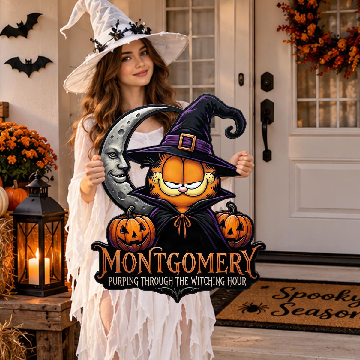 Halloween Cat Metal Sign -  Custom Witch Kitty Wall Decor - UV Printed Black Powder Coated Mild Steel Hanging Plaque - Spooky Autumn Gift