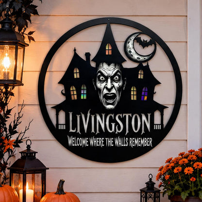Haunted Mansion Metal Sign| Custom Halloween Wall Decor|Gothic Family Name Plaque| UV Printed Black Powder Coated Mild Steel Artwork