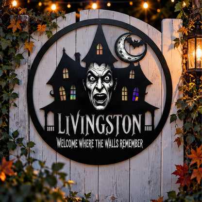 Haunted Mansion Metal Sign| Custom Halloween Wall Decor|Gothic Family Name Plaque| UV Printed Black Powder Coated Mild Steel Artwork