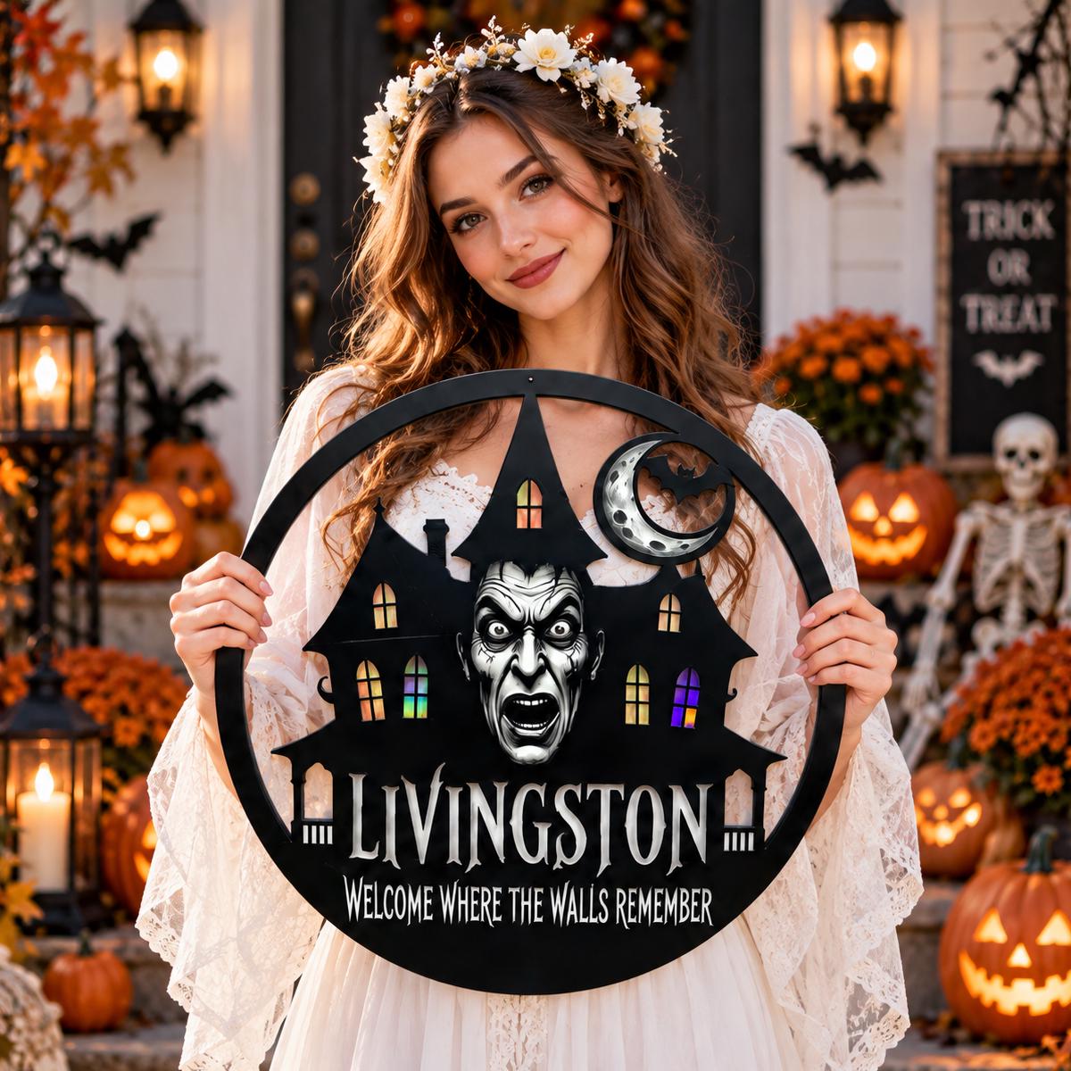 Haunted Mansion Metal Sign| Custom Halloween Wall Decor|Gothic Family Name Plaque| UV Printed Black Powder Coated Mild Steel Artwork