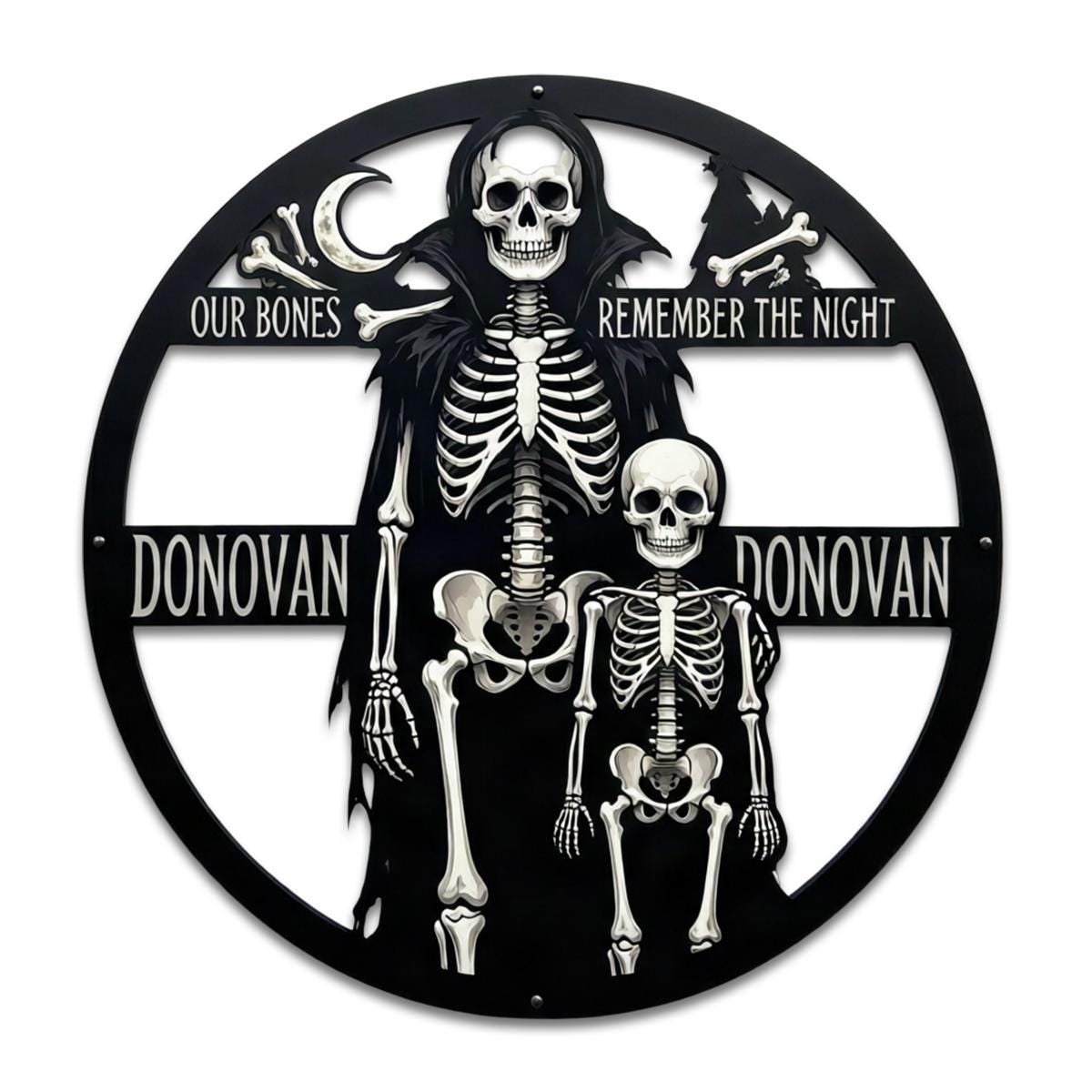 Personalized Skeleton Family Metal decor| Custom Halloween Wall art|Gothic Skeleton Name Plaque| UV Printed| Black Powder Coated Mild sign
