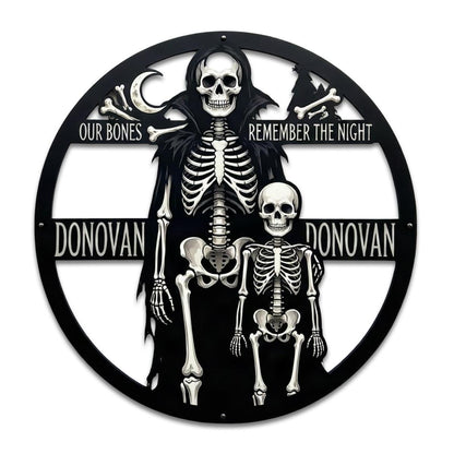 Personalized Skeleton Family Metal decor| Custom Halloween Wall art|Gothic Skeleton Name Plaque| UV Printed| Black Powder Coated Mild sign