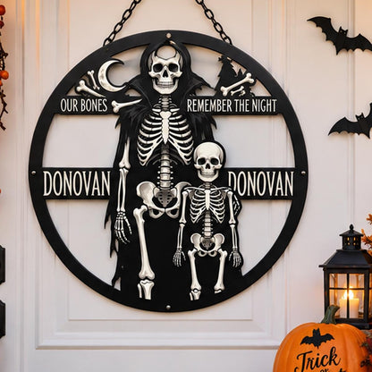 Personalized Skeleton Family Metal decor| Custom Halloween Wall art|Gothic Skeleton Name Plaque| UV Printed| Black Powder Coated Mild sign
