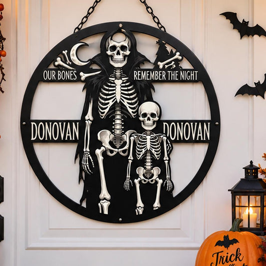 Personalized Skeleton Family Metal decor| Custom Halloween Wall art|Gothic Skeleton Name Plaque| UV Printed| Black Powder Coated Mild sign