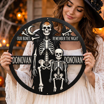 Personalized Skeleton Family Metal decor| Custom Halloween Wall art|Gothic Skeleton Name Plaque| UV Printed| Black Powder Coated Mild sign