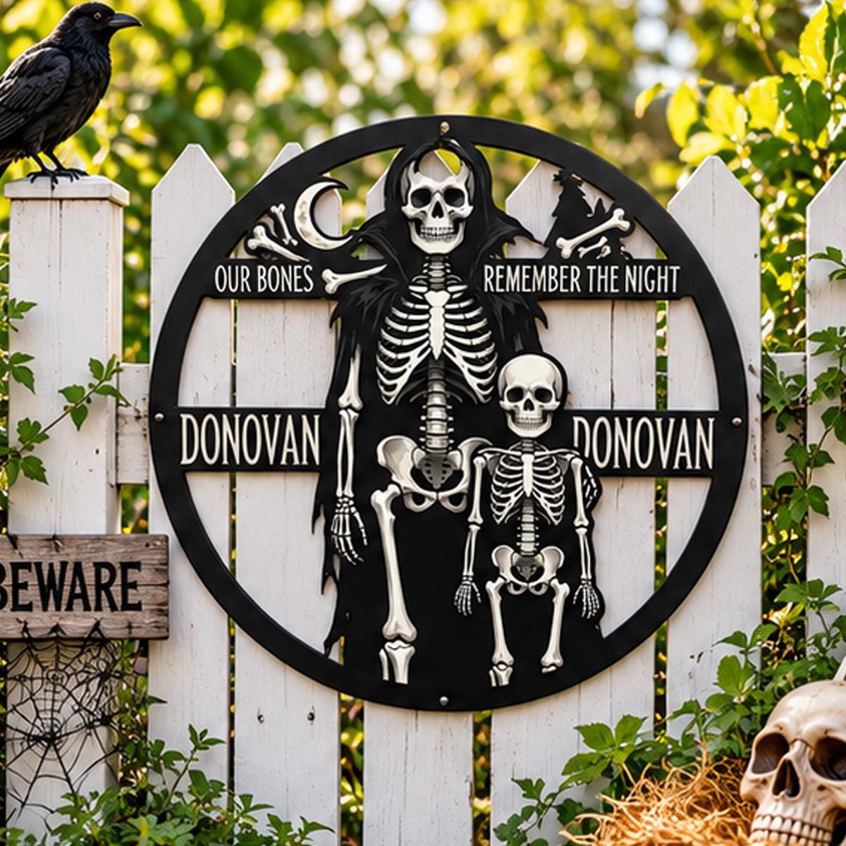 Personalized Skeleton Family Metal decor| Custom Halloween Wall art|Gothic Skeleton Name Plaque| UV Printed| Black Powder Coated Mild sign