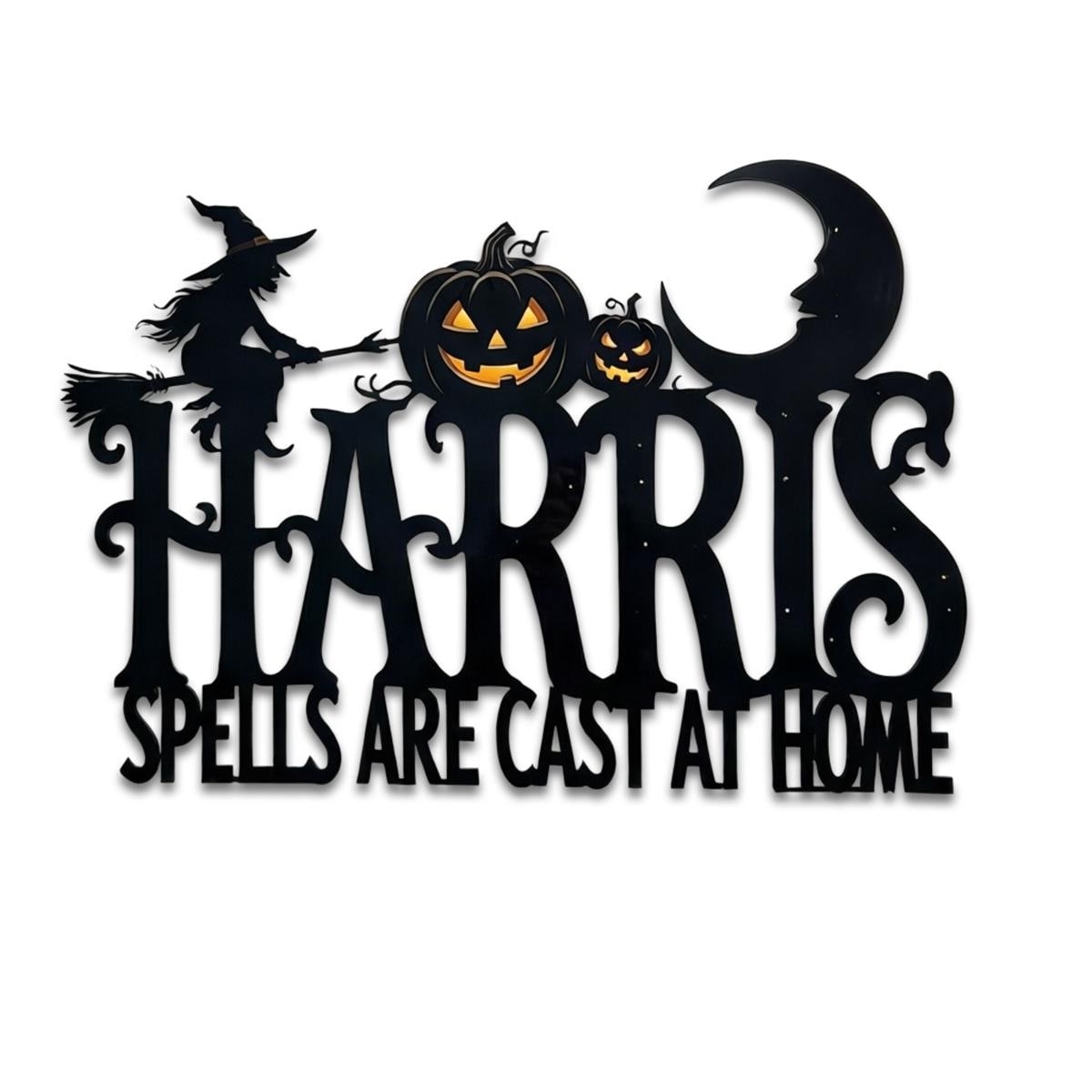 Personalized Halloween Witch Metal Sign| Family Name Wall Decor| Spells Are Cast At Home Plaque| UV Printed Black Powder Coated Mild Sign