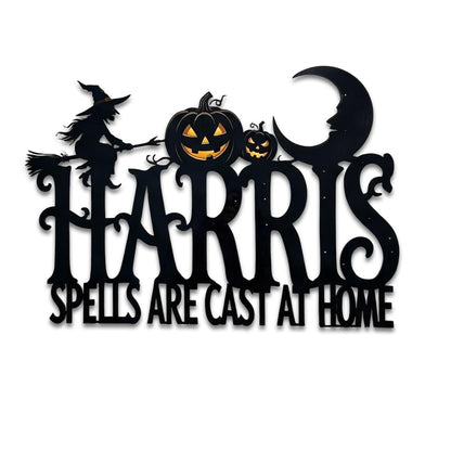 Personalized Halloween Witch Metal Sign| Family Name Wall Decor| Spells Are Cast At Home Plaque| UV Printed Black Powder Coated Mild Sign