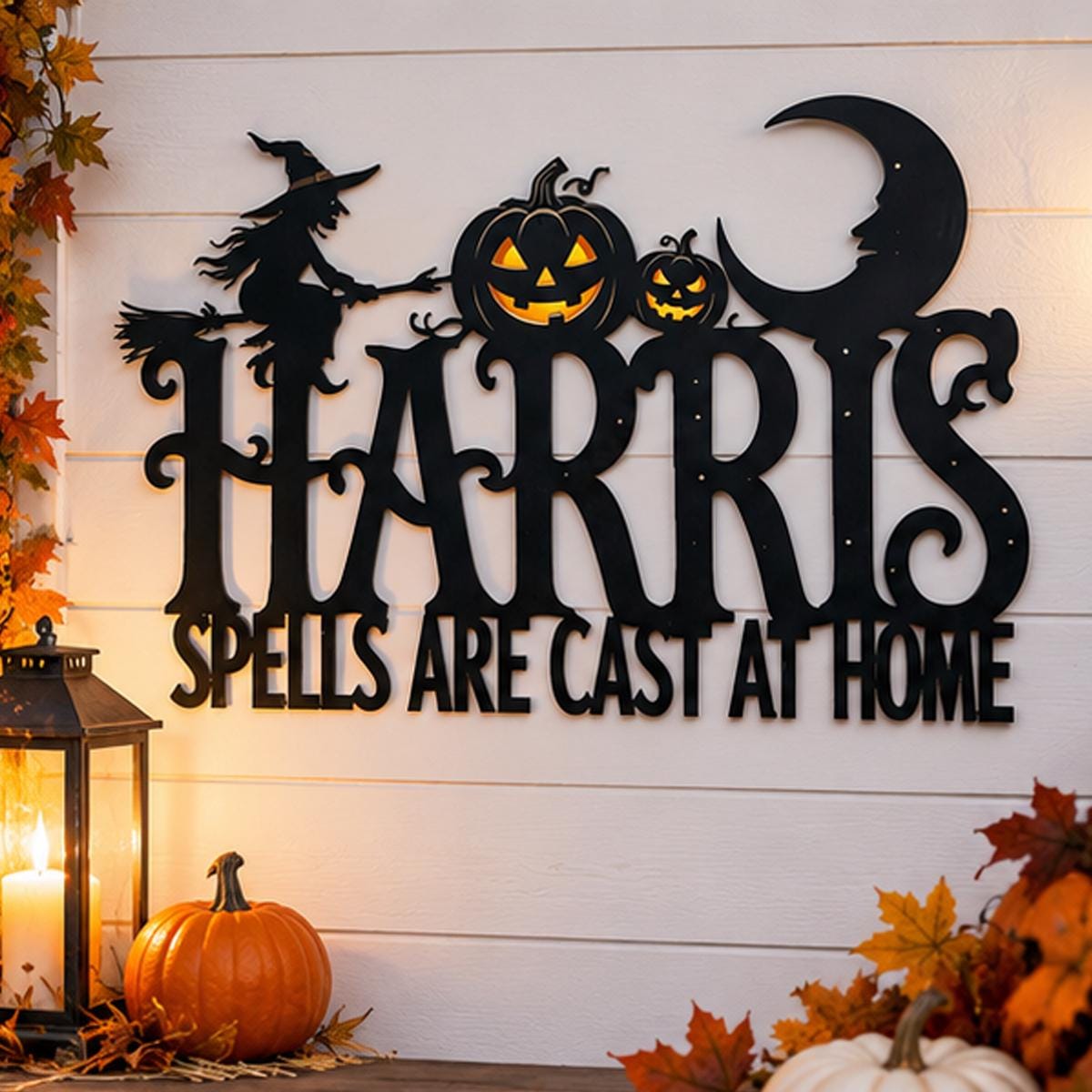 Personalized Halloween Witch Metal Sign| Family Name Wall Decor| Spells Are Cast At Home Plaque| UV Printed Black Powder Coated Mild Sign