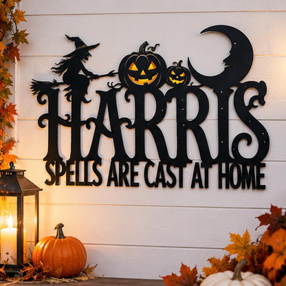 Personalized Halloween Witch Metal Sign| Family Name Wall Decor| Spells Are Cast At Home Plaque| UV Printed Black Powder Coated Mild Sign