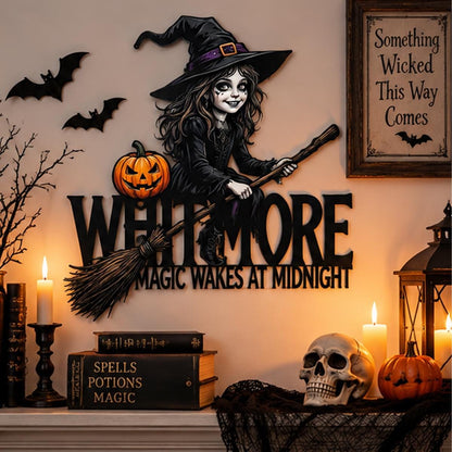 Witch Metal Sign| Custom Halloween Family Name Wall Decor| Magic Wakes At Midnight Plaque| UV Printed Black Powder Coated Mild Steel Sign