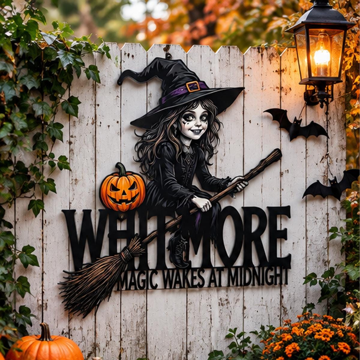 Witch Metal Sign| Custom Halloween Family Name Wall Decor| Magic Wakes At Midnight Plaque| UV Printed Black Powder Coated Mild Steel Sign