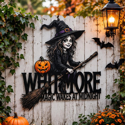 Witch Metal Sign| Custom Halloween Family Name Wall Decor| Magic Wakes At Midnight Plaque| UV Printed Black Powder Coated Mild Steel Sign
