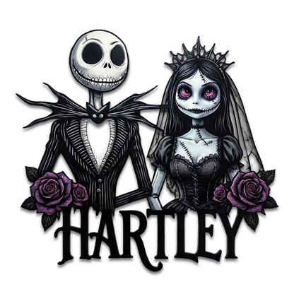 Personalized Gothic Couple Metal Sign| Custom Halloween Family Name Wall Decor| Skeleton Bride Plaque| UV Printed Black Powder Coated Mild