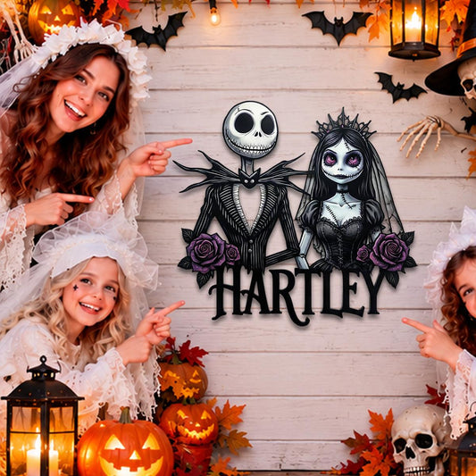 Personalized Gothic Couple Metal Sign| Custom Halloween Family Name Wall Decor| Skeleton Bride Plaque| UV Printed Black Powder Coated Mild