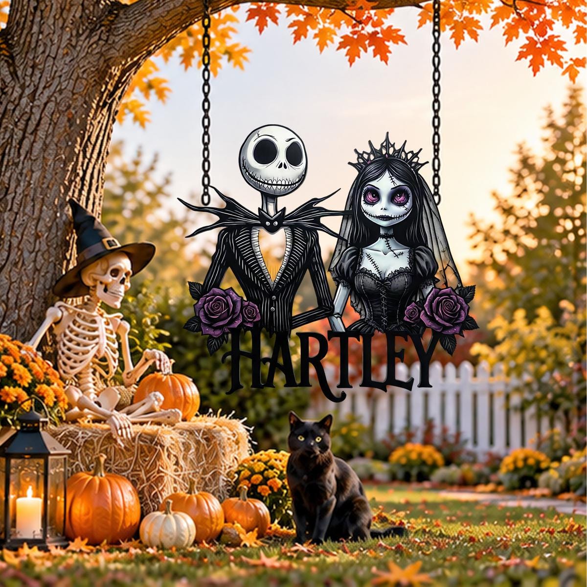 Personalized Gothic Couple Metal Sign| Custom Halloween Family Name Wall Decor| Skeleton Bride Plaque| UV Printed Black Powder Coated Mild