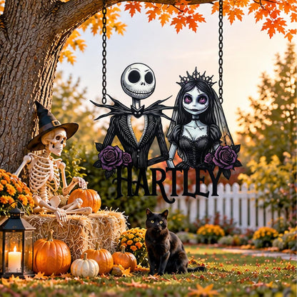 Personalized Gothic Couple Metal Sign| Custom Halloween Family Name Wall Decor| Skeleton Bride Plaque| UV Printed Black Powder Coated Mild