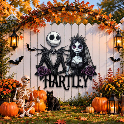 Personalized Gothic Couple Metal Sign| Custom Halloween Family Name Wall Decor| Skeleton Bride Plaque| UV Printed Black Powder Coated Mild