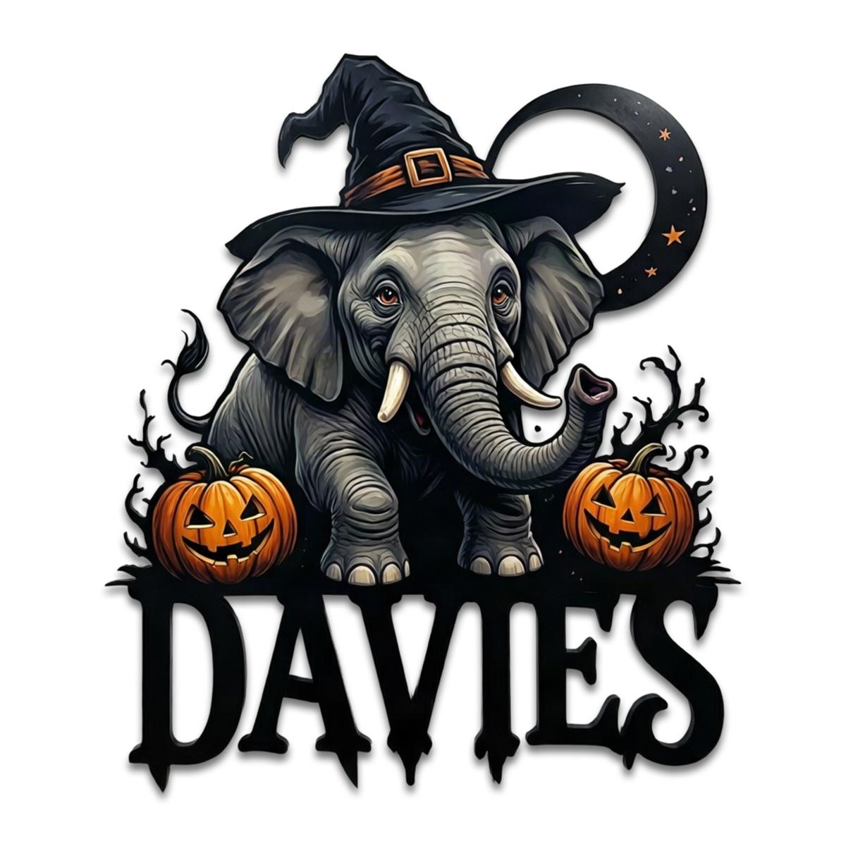 Custom Elephant Halloween Metal Sign| Personalized Family Name Decor| UV Printed | Black Powder Coated Steel Wall Art