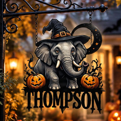 Custom Elephant Halloween Metal Sign| Personalized Family Name Decor| UV Printed | Black Powder Coated Steel Wall Art