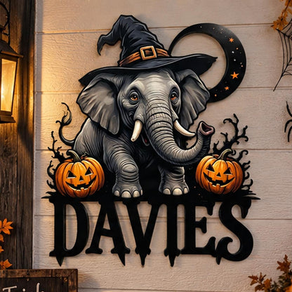 Custom Elephant Halloween Metal Sign| Personalized Family Name Decor| UV Printed | Black Powder Coated Steel Wall Art