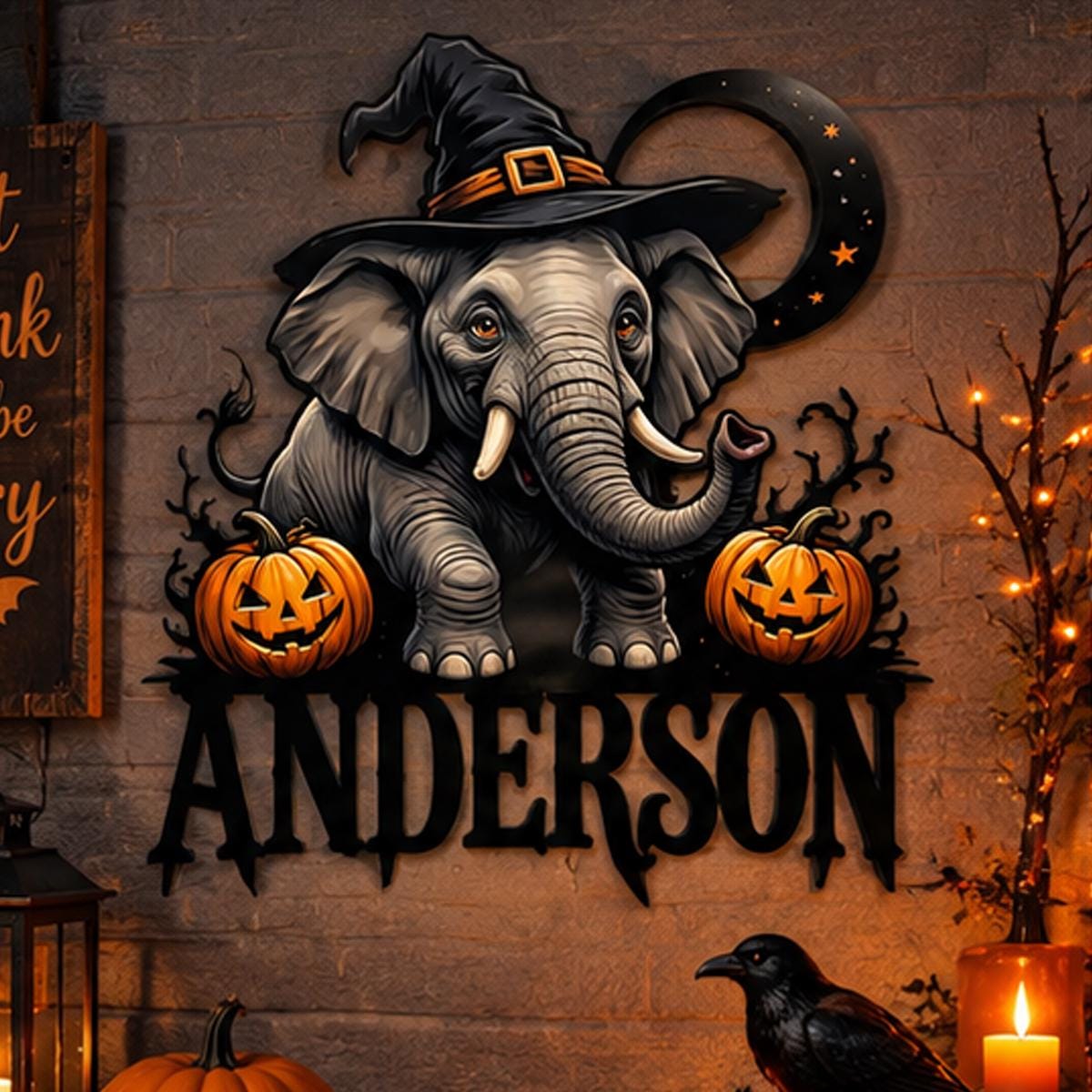 Custom Elephant Halloween Metal Sign| Personalized Family Name Decor| UV Printed | Black Powder Coated Steel Wall Art