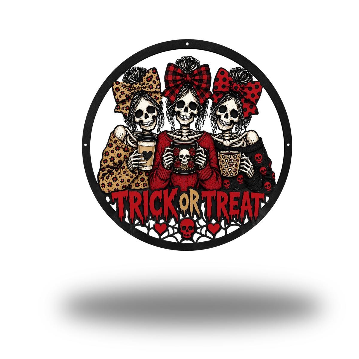 Skeleton Besties Trick or Treat Sign - Spooky Season Metal Wall Art - Skeleton Girl Squad Metal Wreath -Fall Coffee Bar Decor - Gift For Him